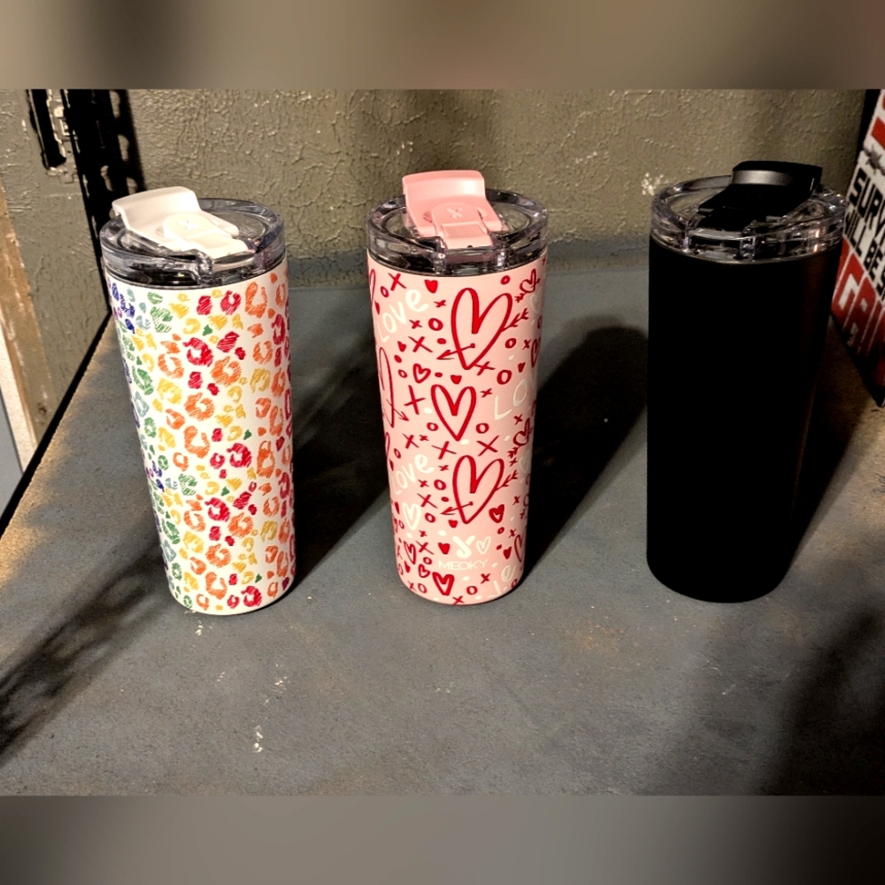 MEOKY 24 OZ Tumblers With Duo 2 in 1 Lid. QTY 3 in Black, Pink, Rainbow